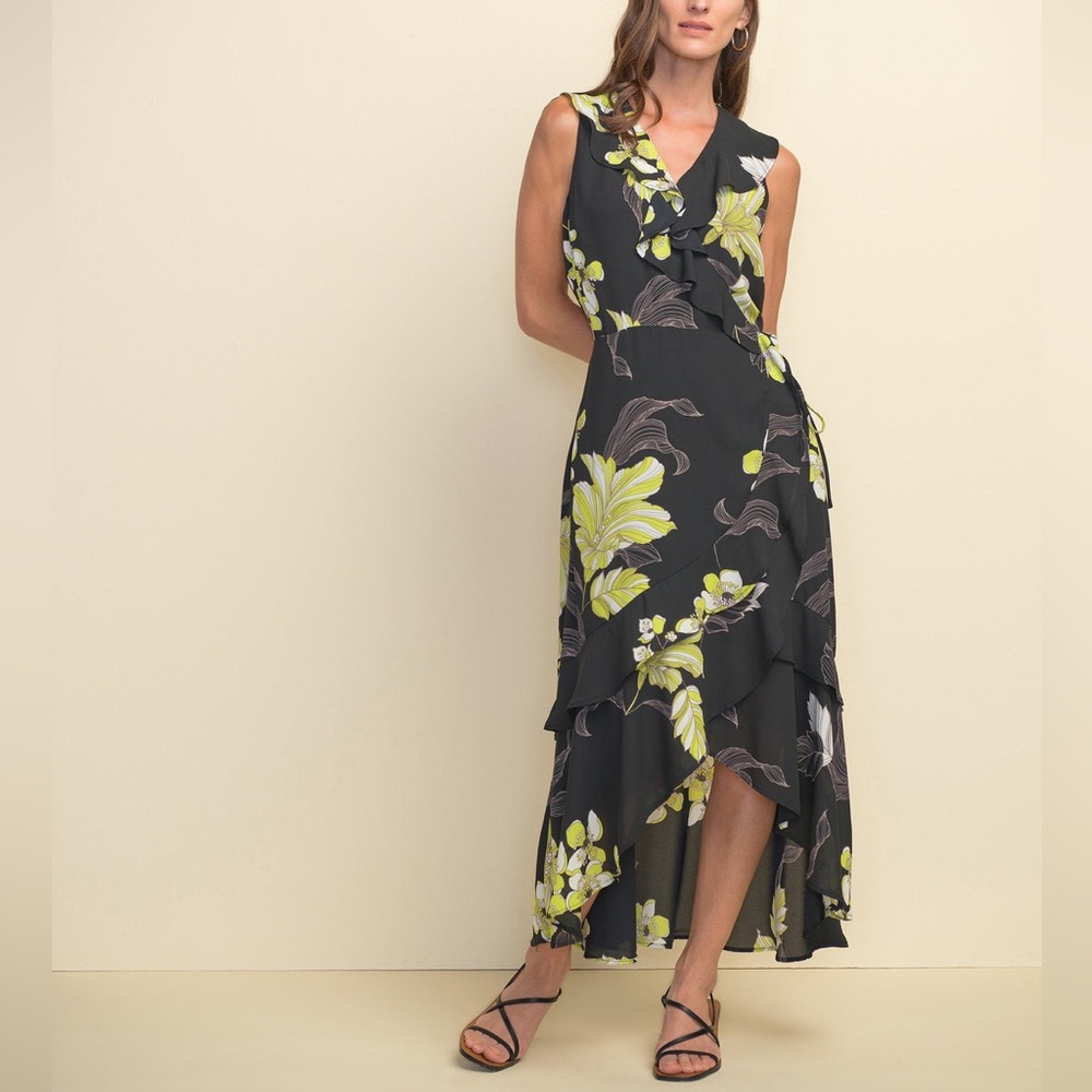 Joseph Ribkoff flowy floral chiffon dress ruffled front size 6